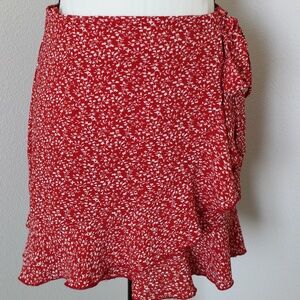 Red & White Micro Floral Print Ruffle Hem Wrap Mini Skirt
